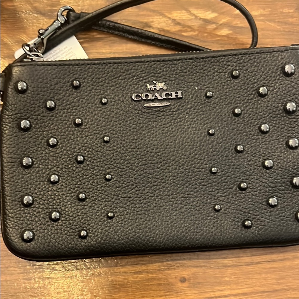 NWT! Coach Black Leather Studded Wristlet Zipper Closure